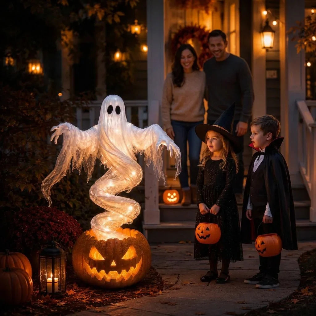 GlowSpirit™ - 51in Lighted Rising Ghost & Pumpkin Yard Lamp